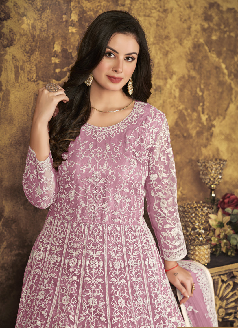 Carnation Pink Net Embroidered Anarkali Suit