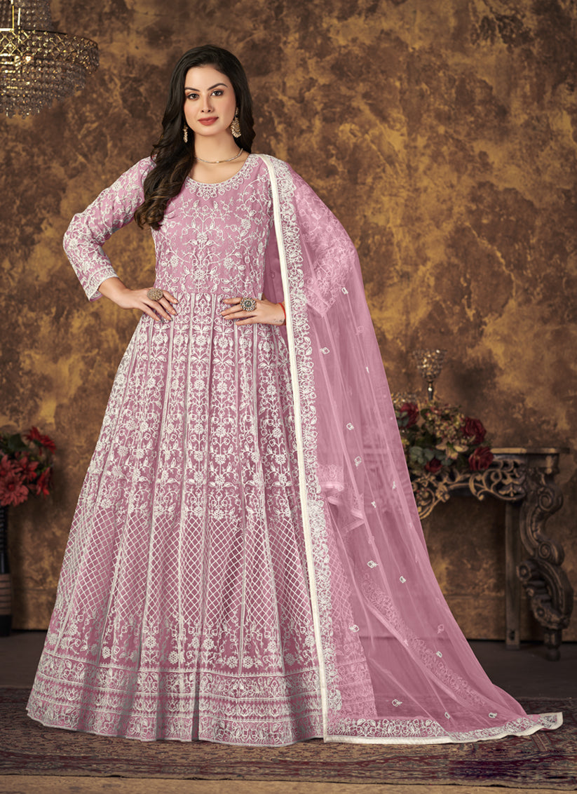 Carnation Pink Net Embroidered Anarkali Suit