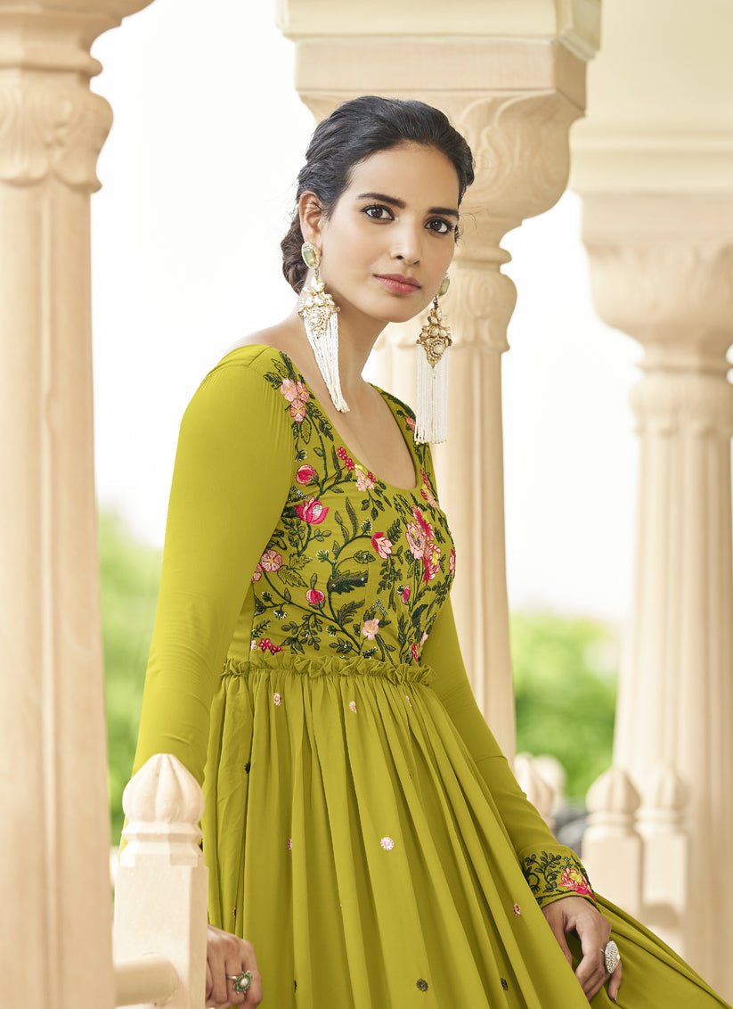 Lime Green Georgette Embroidered Readymade Gown