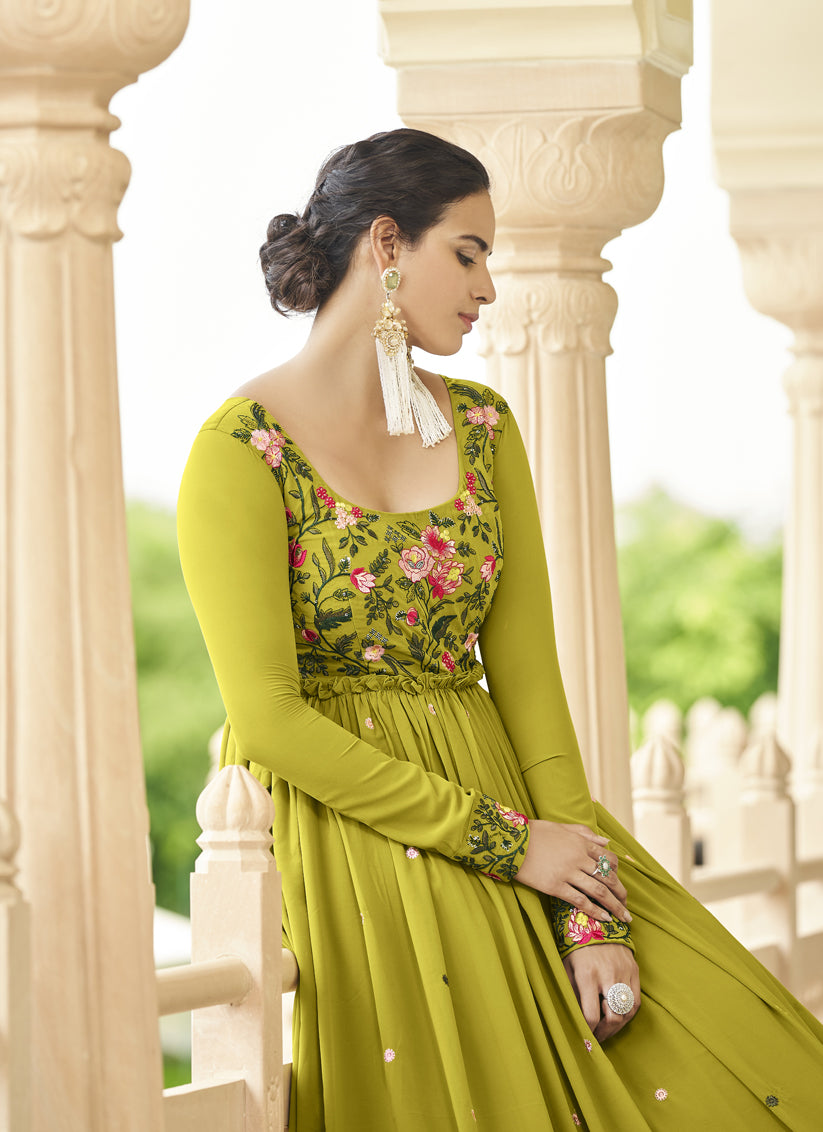 Lime Green Georgette Embroidered Readymade Gown