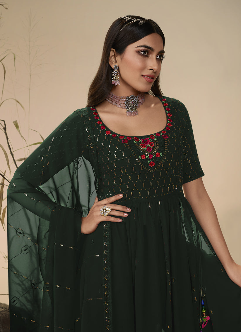 Bottle Green Georgette Embroidered Readymade Palazzo Kameez