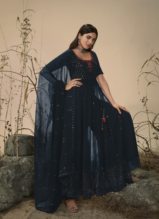 Peacock Blue Georgette Embroidered Readymade Palazzo Kameez