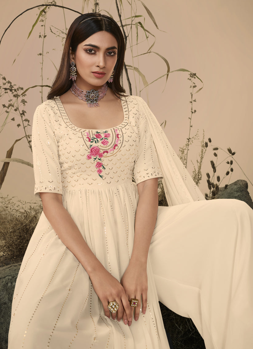 Cream Georgette Embroidered Readymade Palazzo Kameez