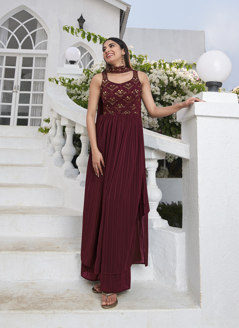 Maroon Georgette Embroidered Readymade Palazzo Kameez