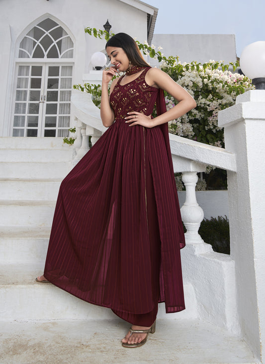 Maroon Georgette Embroidered Readymade Palazzo Kameez