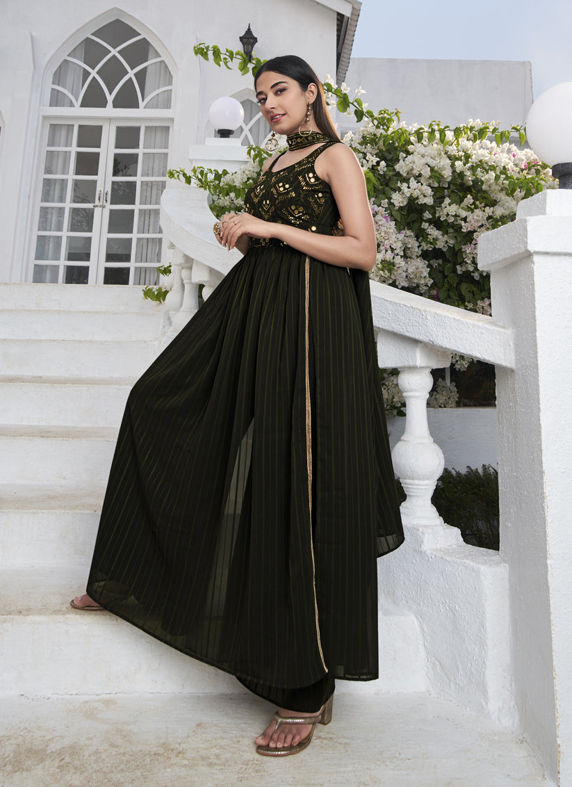 Olive Green Georgette Embroidered Readymade Palazzo Kameez