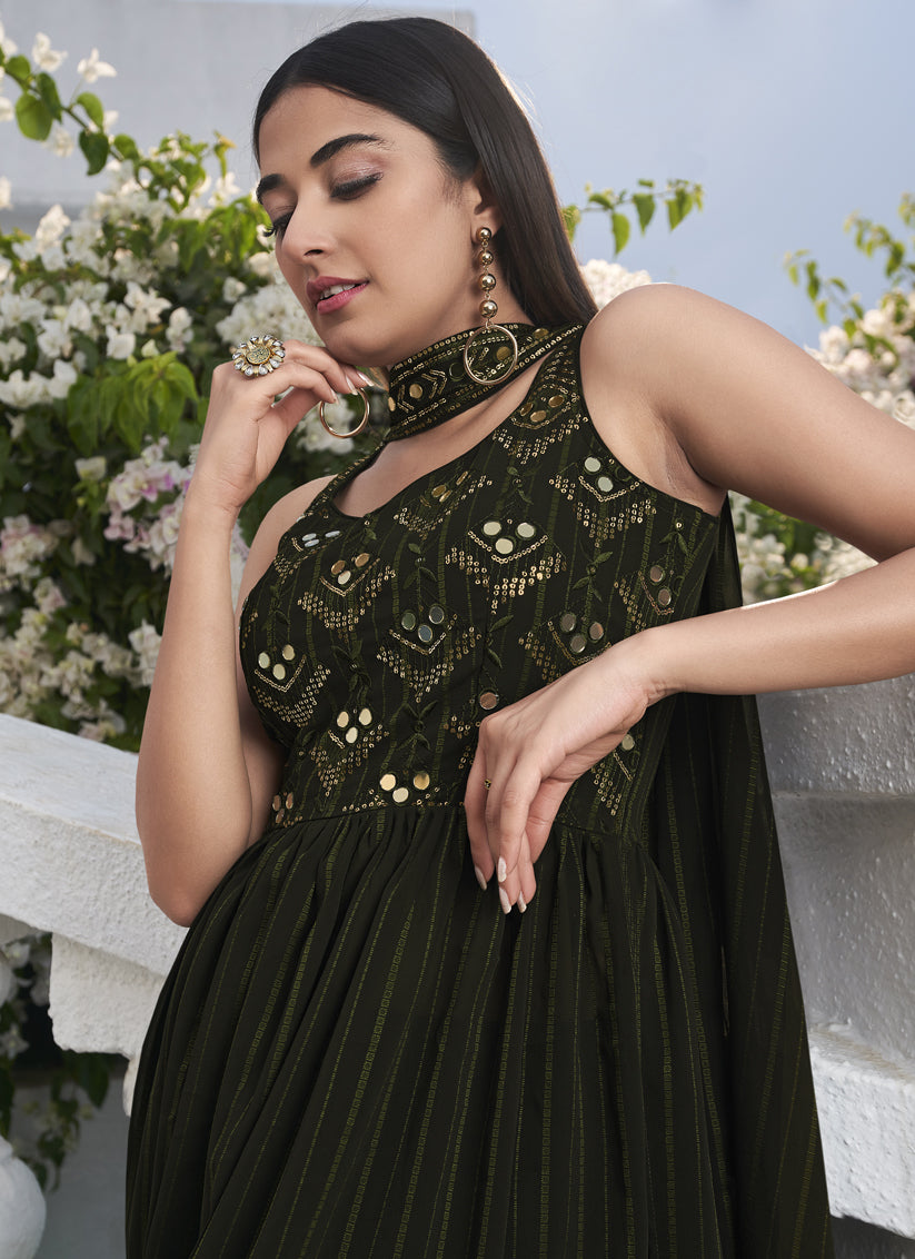 Olive Green Georgette Embroidered Readymade Palazzo Kameez