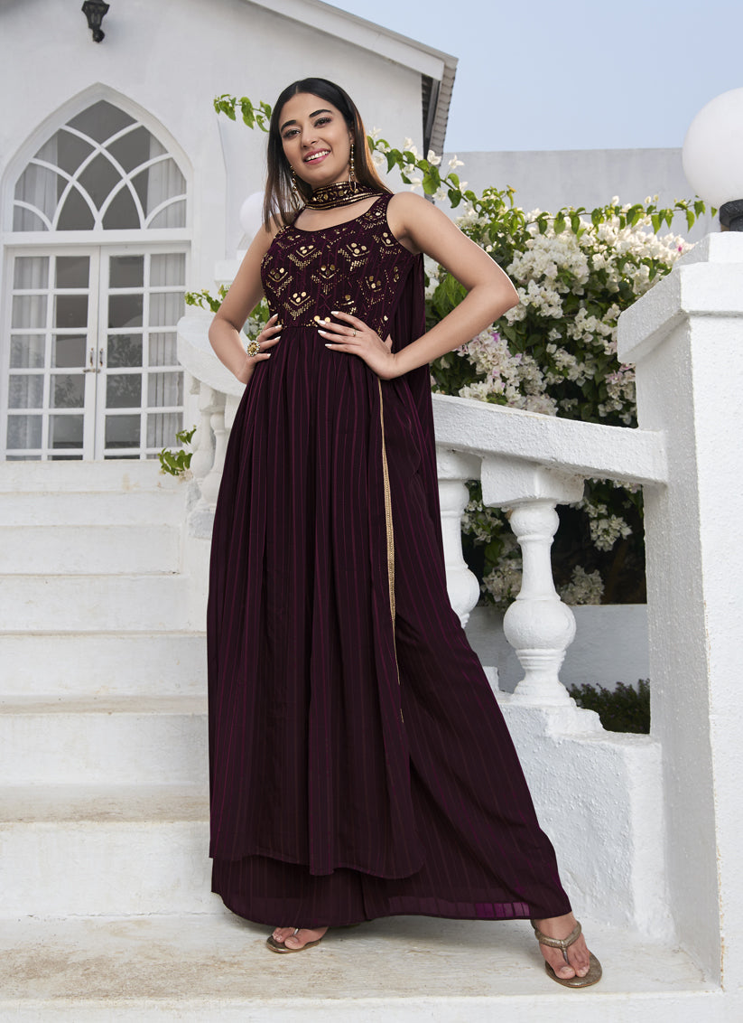 Violet Georgette Embroidered Readymade Palazzo Kameez