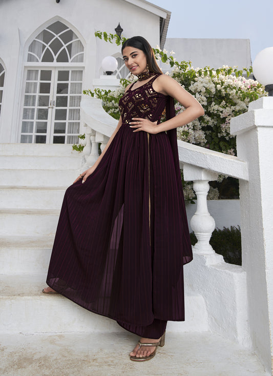 Violet Georgette Embroidered Readymade Palazzo Kameez