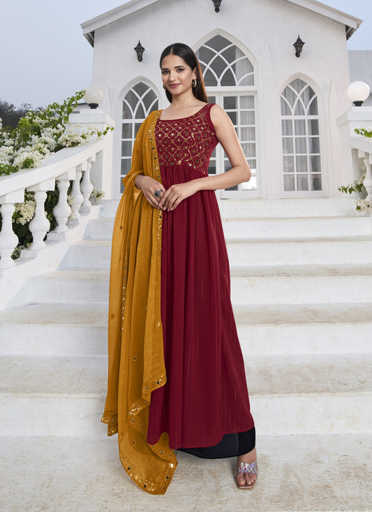 Red Georgette Embroidered Readymade Palazzo Kameez
