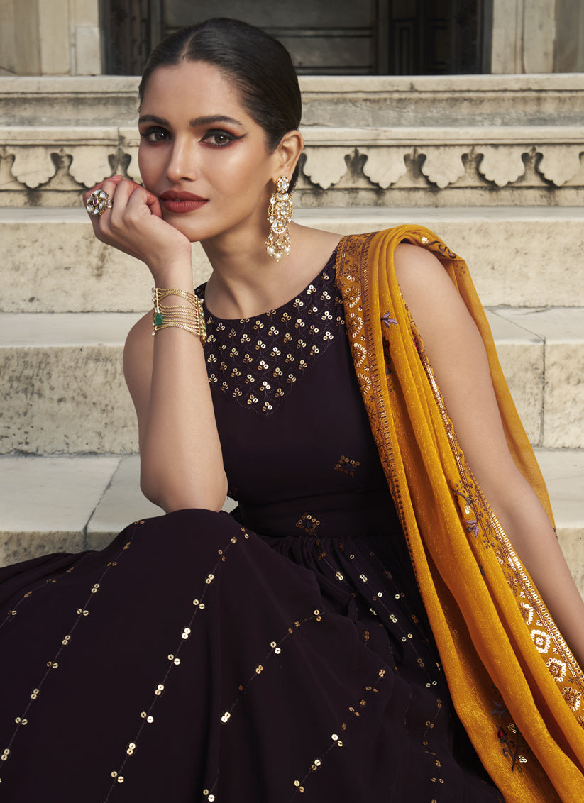 Burgundy Georgette Embroidered Anarkali Gown with Dupatta