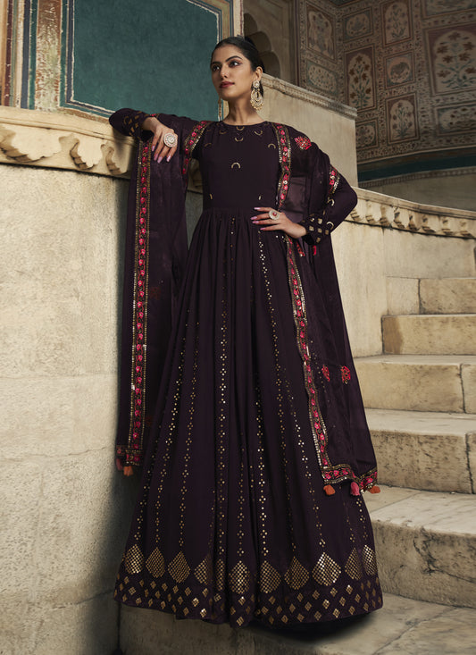 Burgundy Georgette Embroidered Anarkali Gown with Dupatta