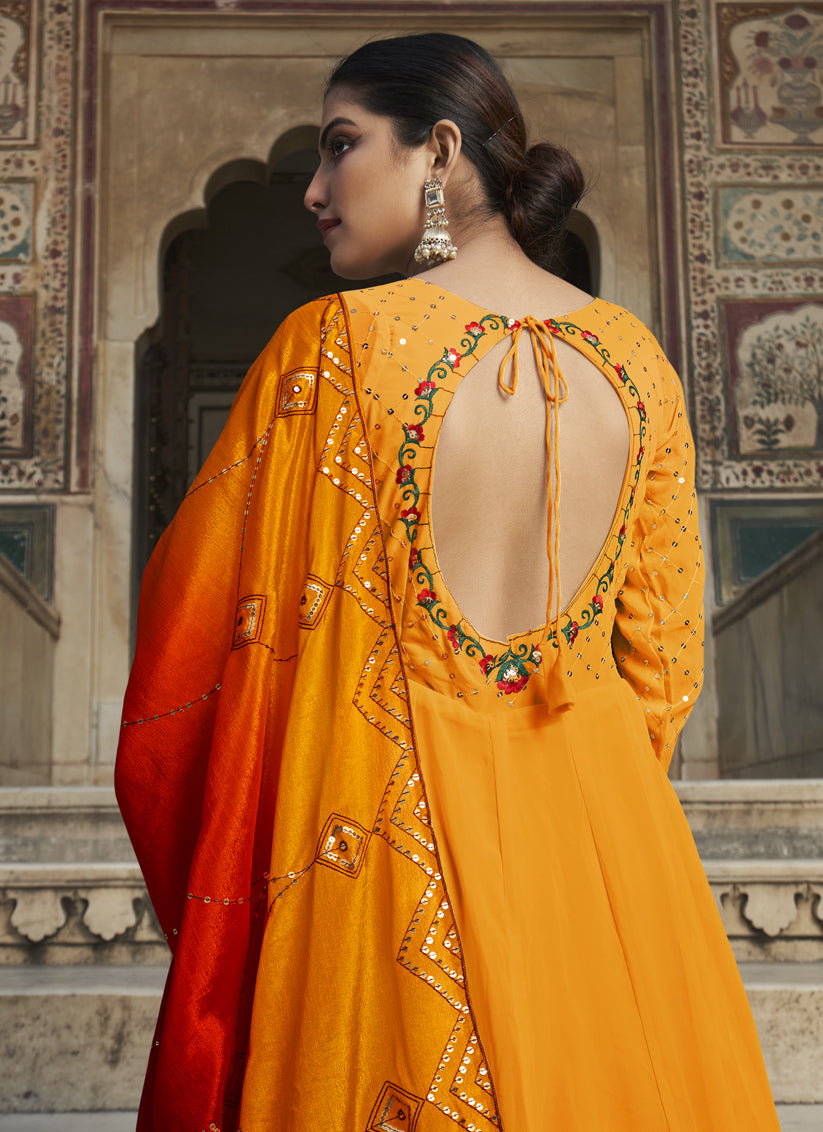 Golden Yellow Georgette Embroidered Anarkali Gown with Dupatta
