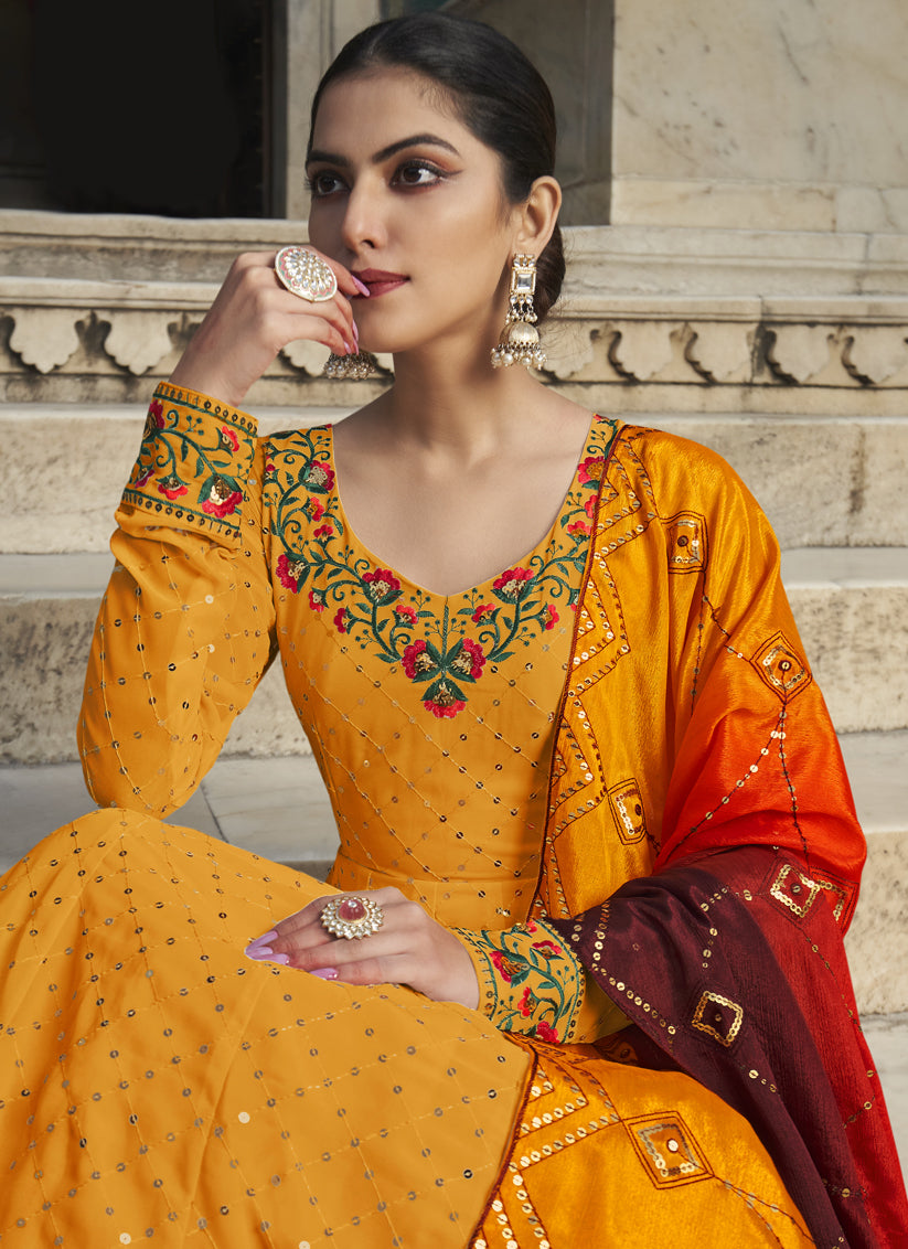 Golden Yellow Georgette Embroidered Anarkali Gown with Dupatta