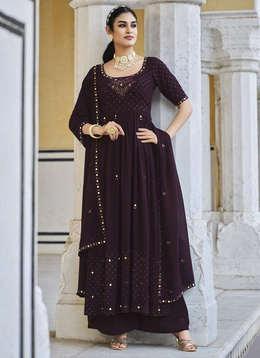 Burgundy Georgette Embroidered Readymade Palazzo Kameez