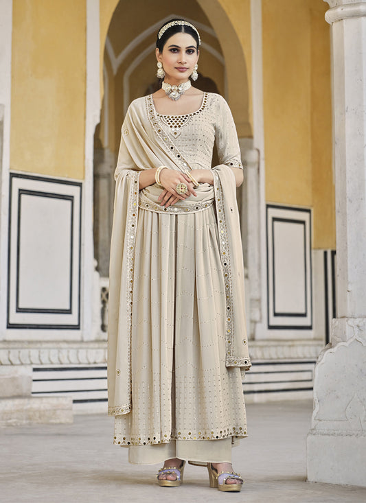 Beige Georgette Embroidered Readymade Palazzo Kameez