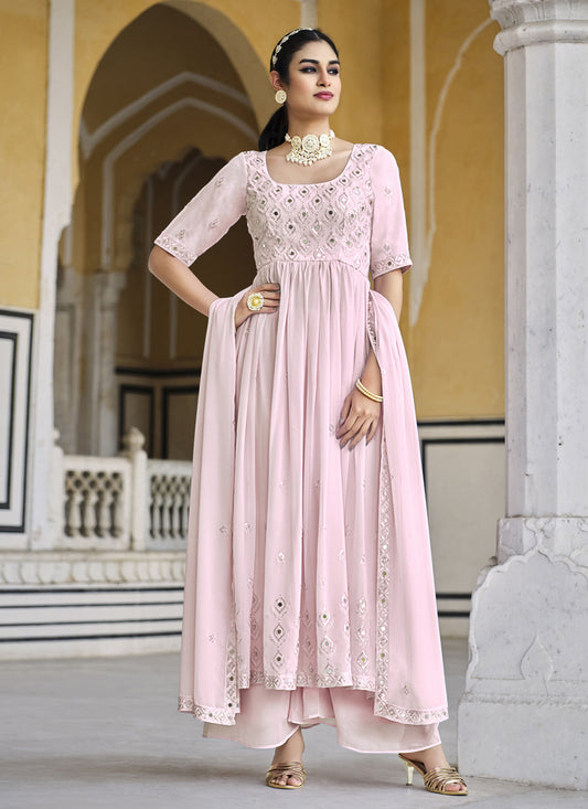 Blush Pink Georgette Embroidered Readymade Palazzo Kameez