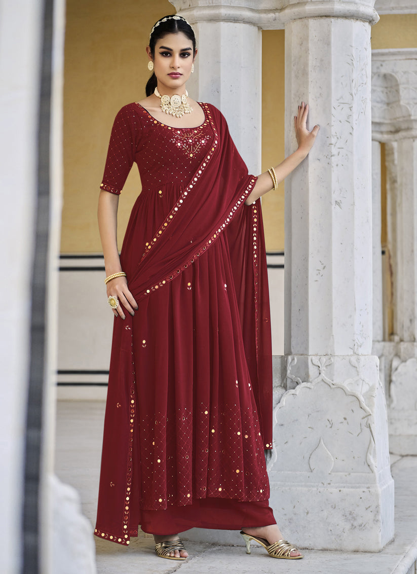 Cherry Red Georgette Embroidered Readymade Palazzo Kameez
