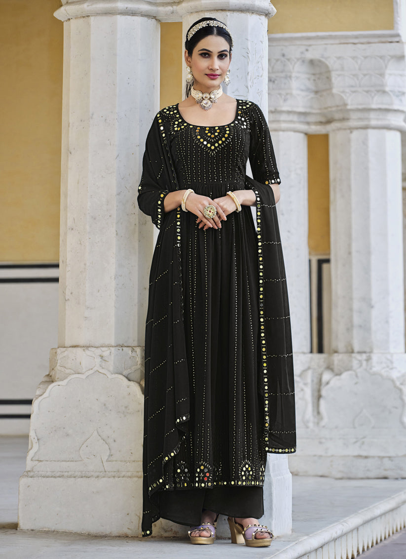 Black Georgette Embroidered Readymade Palazzo Kameez