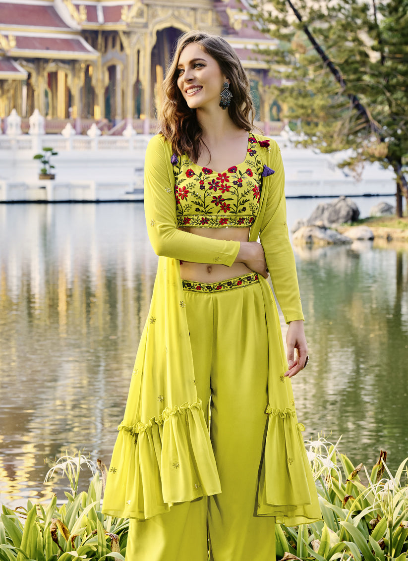 Lime Yellow Georgette Designer Indowestern