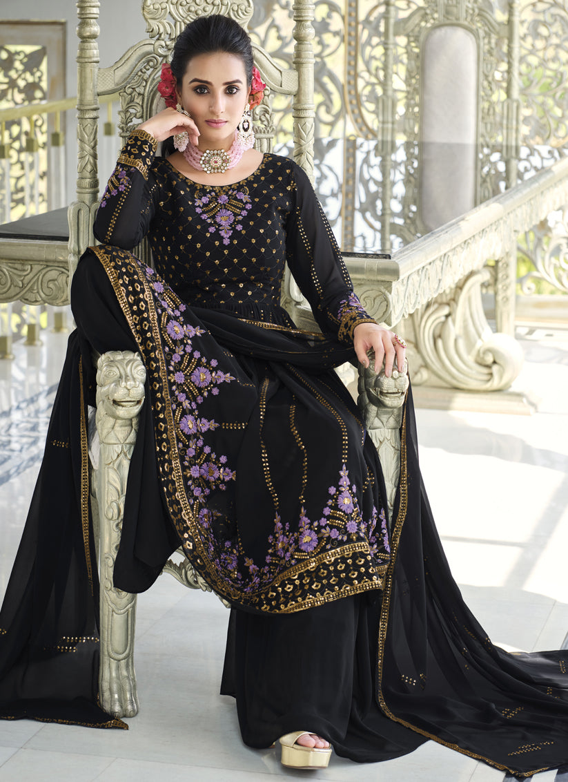 Midnight Blue Georgette Embroidered Readymade Palazzo Kameez