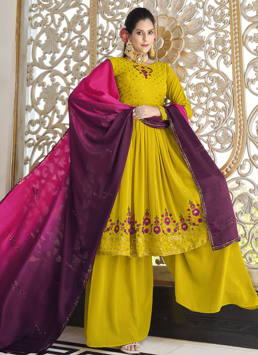 Lime Yellow Georgette Embroidered Readymade Palazzo Kameez