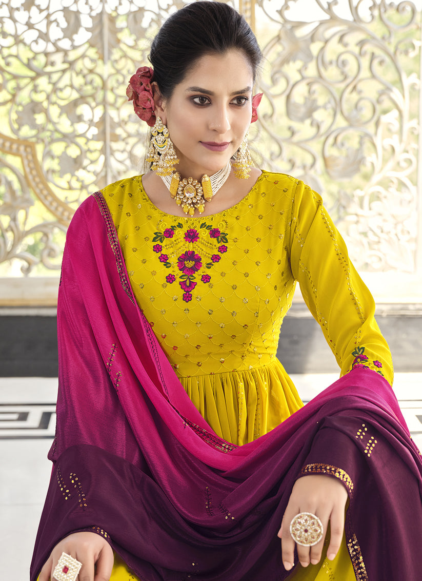 Lime Yellow Georgette Embroidered Readymade Palazzo Kameez