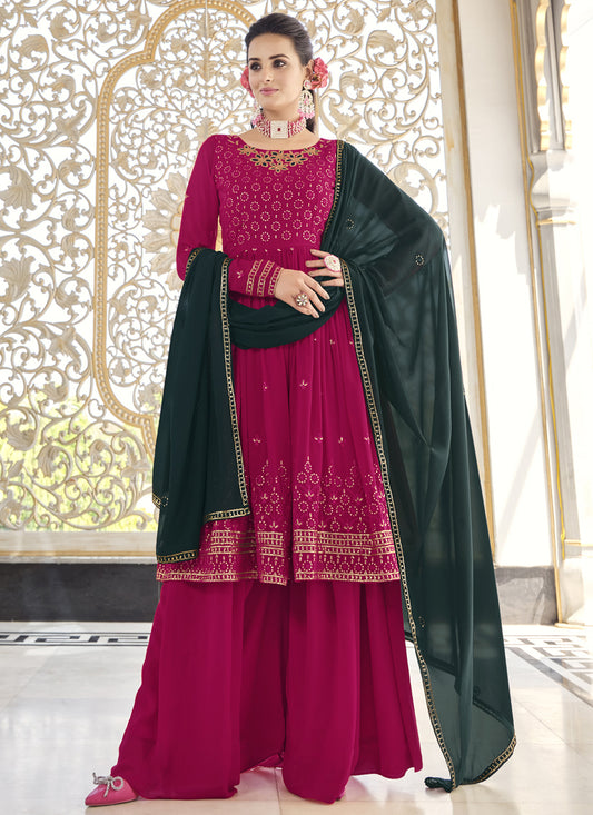 Fuchsia Georgette Embroidered Readymade Palazzo Kameez