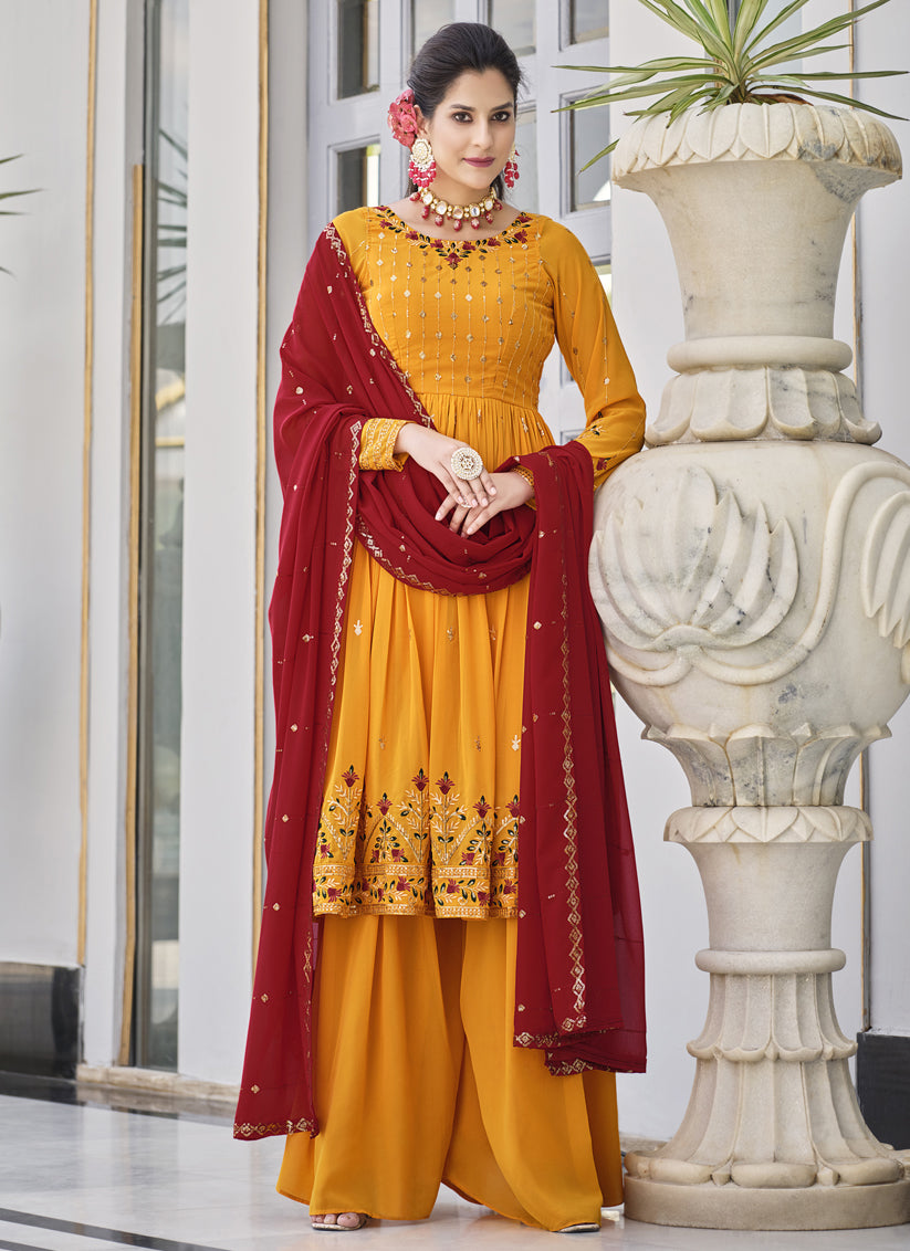 Golden Yellow Georgette Embroidered Readymade Palazzo Kameez