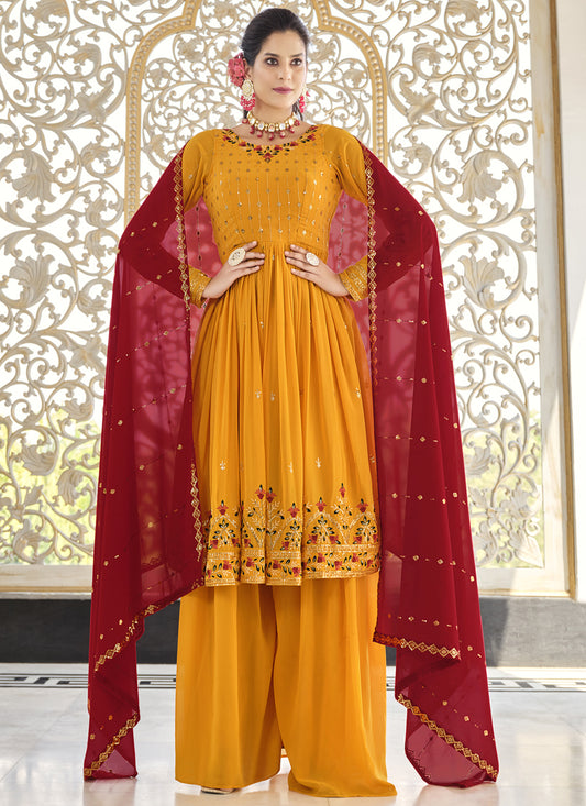 Golden Yellow Georgette Embroidered Readymade Palazzo Kameez