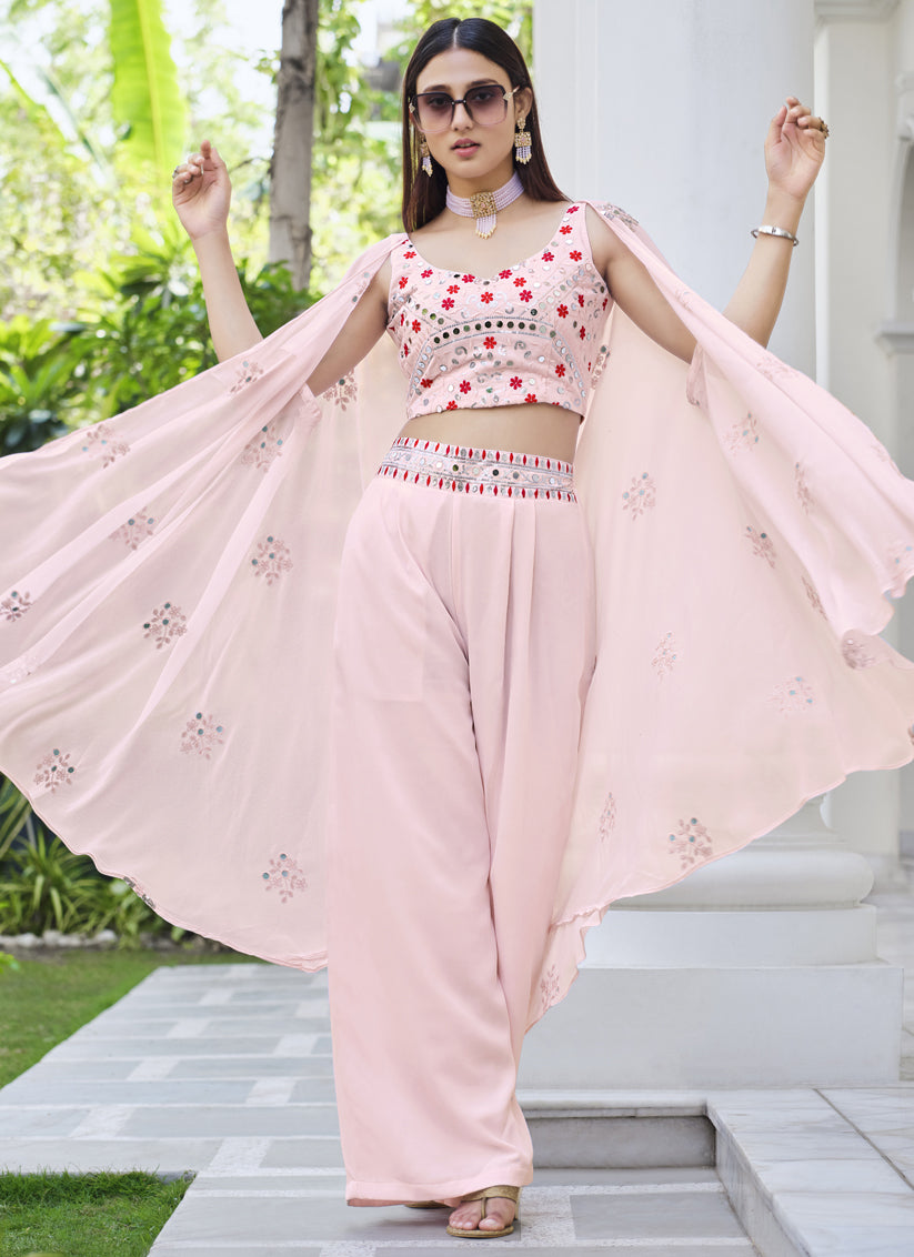 Blush Pink Georgette Palazzo with Crop Top and Jacket