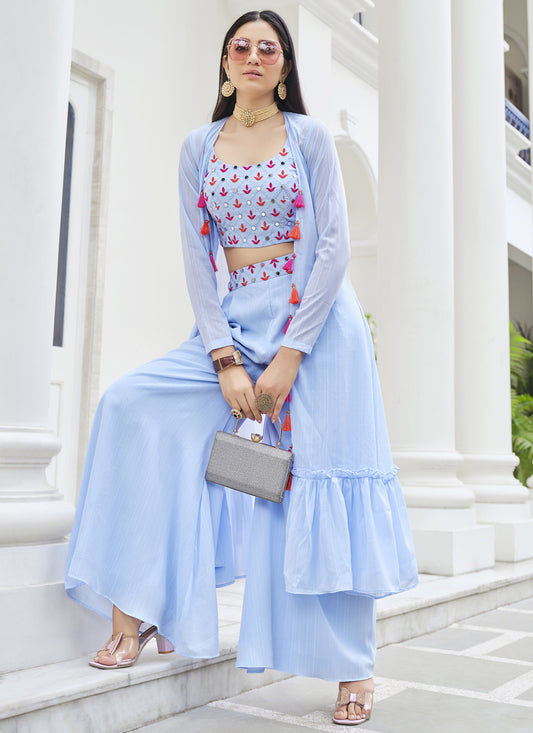 Powder Blue Georgette Palazzo with Crop Top and Jacket