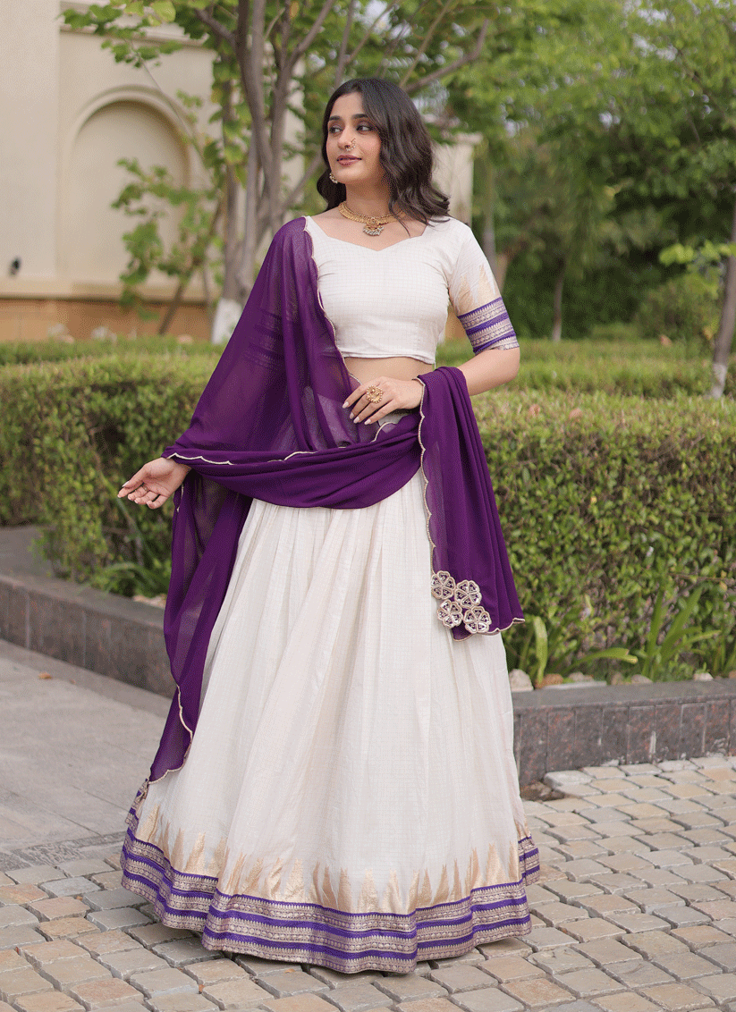 White Viscose Jacquard Designer Embroidered Chaniya Choli