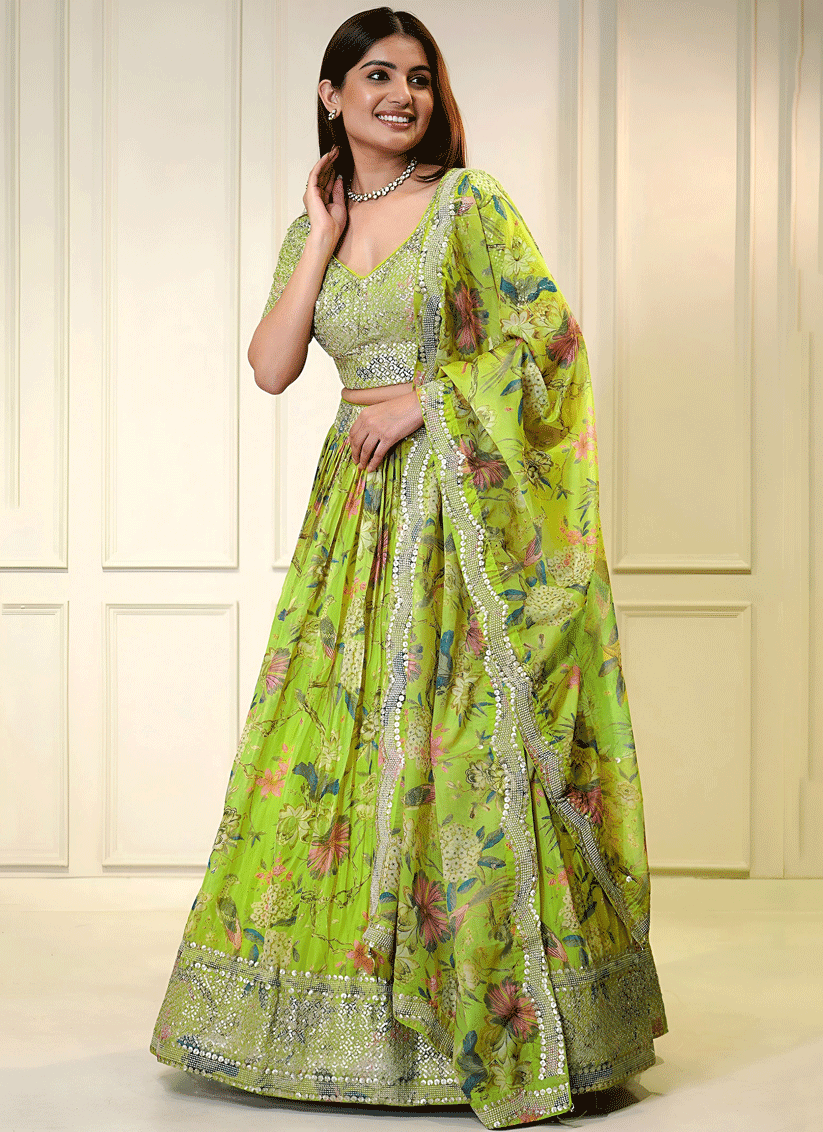Electric Neon Floral Digital-Print Embroidered & Sequins Designer Lehenga Choli for Weddings