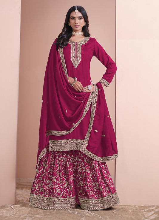 Rani Pink Art Silk Embroidered Palazzo Kameez