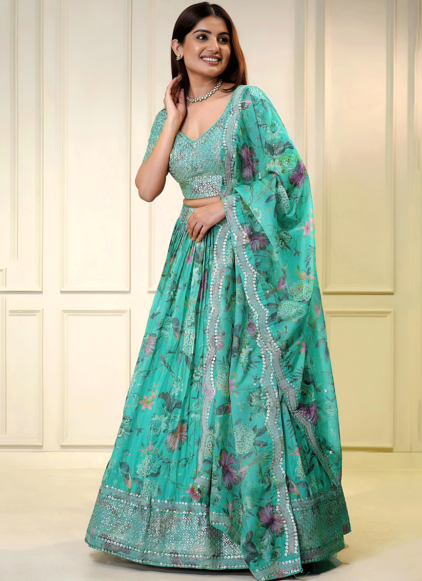 Royal Blue Floral Digital-Print Embroidered & Sequins Designer Lehenga Choli for Weddings