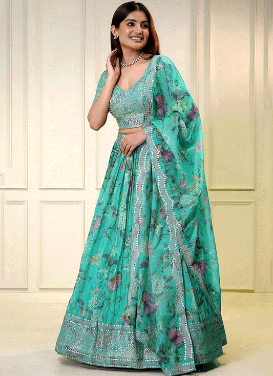 Royal Blue Floral Digital-Print Embroidered & Sequins Designer Lehenga Choli for Weddings