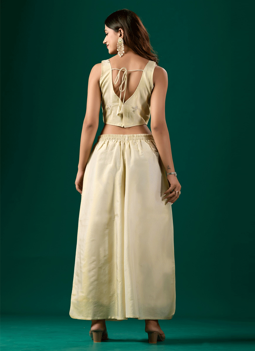 Elegant Off-White Nylon Tissue Stitched Party Wear Suit with Embroidery