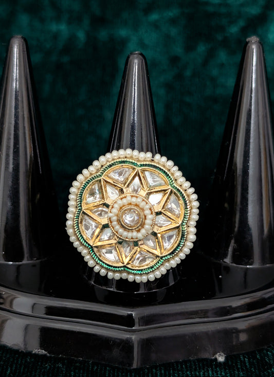 White Pearl and Kundan Studded Ring For Women