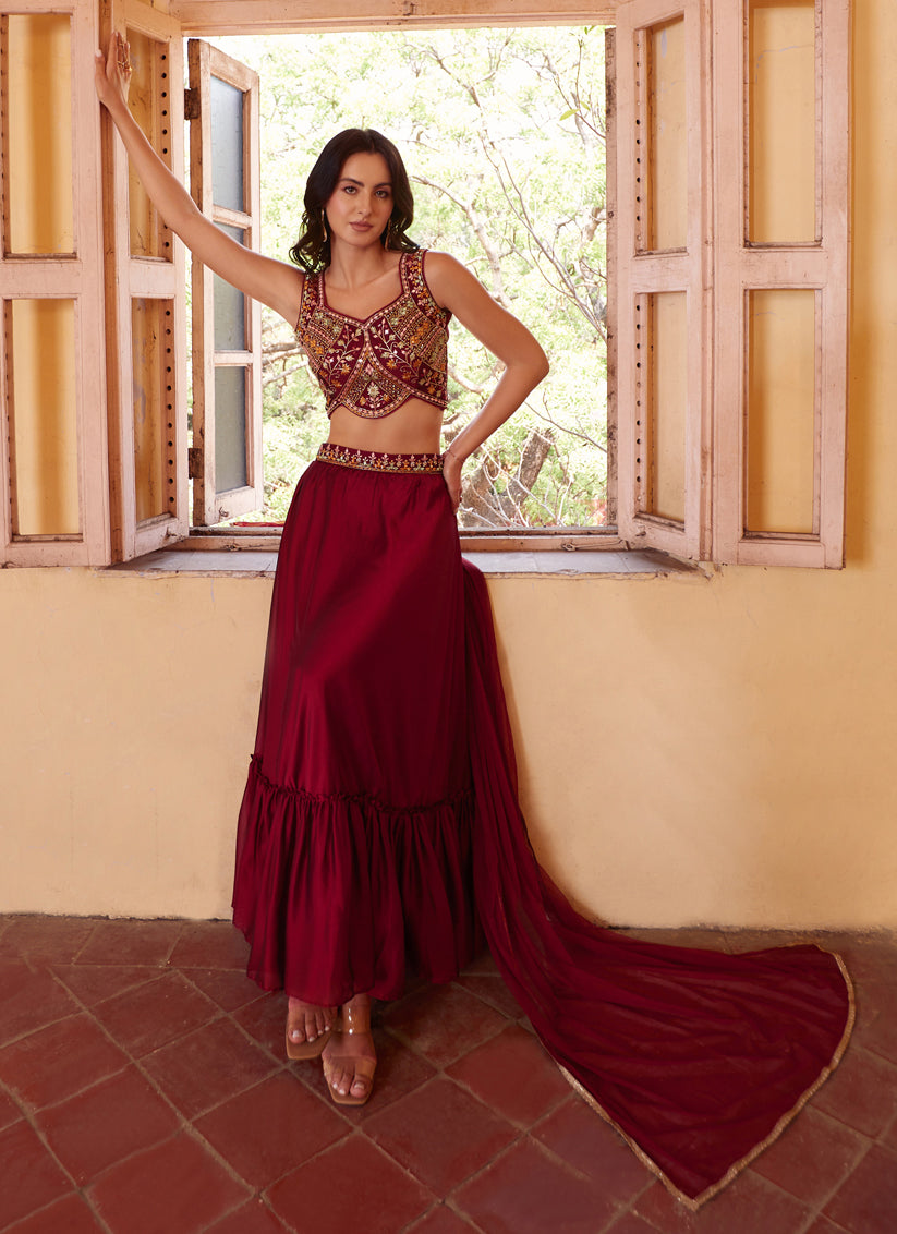 Maroon Hand Embellished Georgette Designer Lehenga Choli