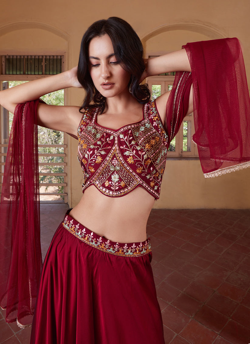 Maroon Hand Embellished Georgette Designer Lehenga Choli