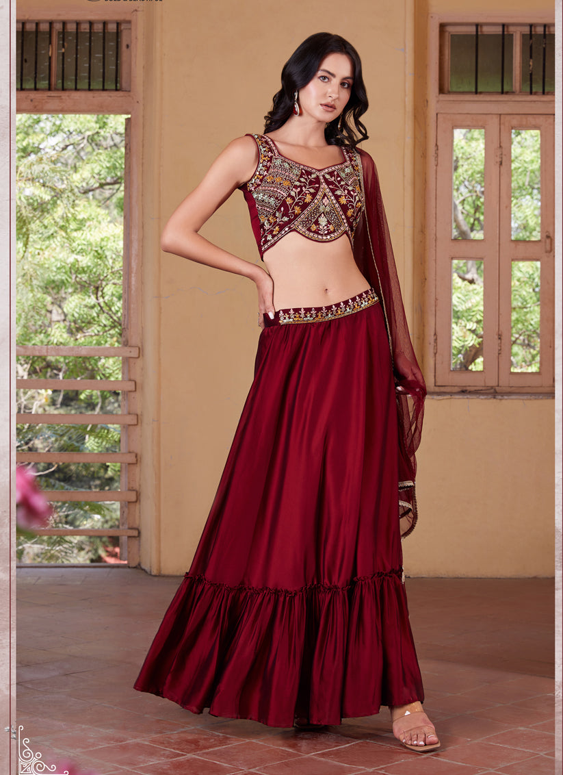 Maroon Hand Embellished Georgette Designer Lehenga Choli