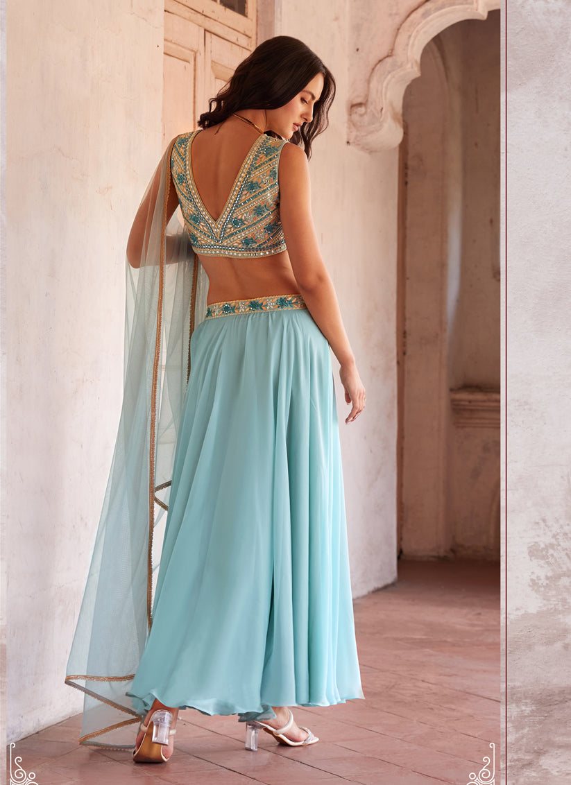 Ice Blue Hand Embellished Georgette Designer Lehenga Choli