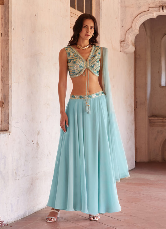 Ice Blue Hand Embellished Georgette Designer Lehenga Choli