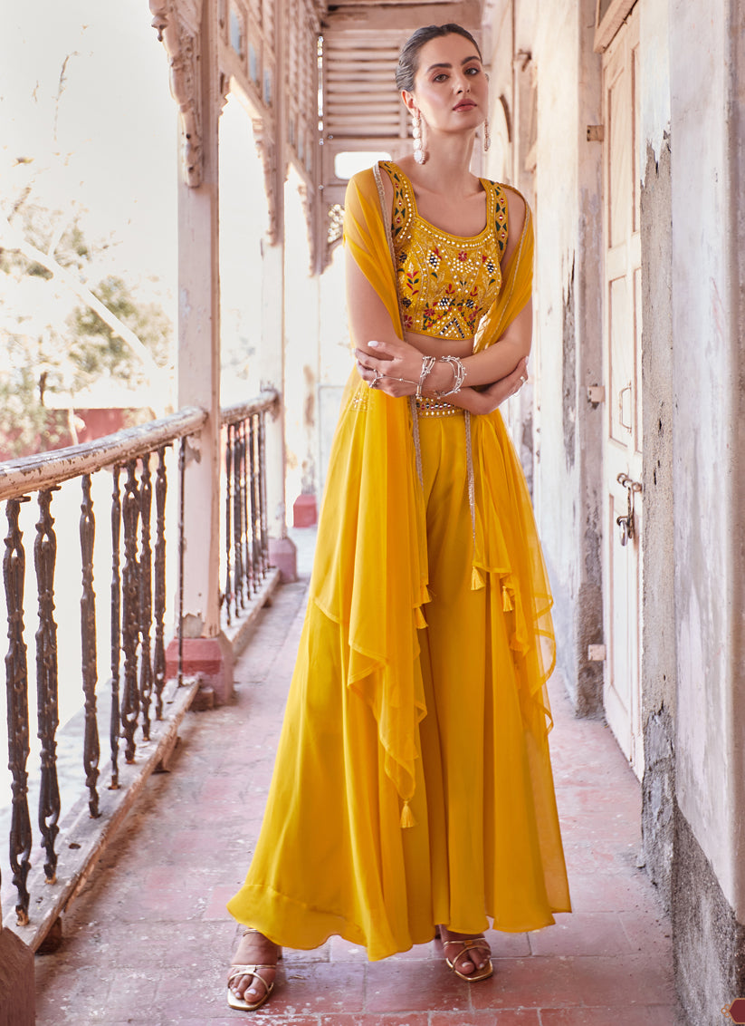 Golden Yellow Hand Embellished Georgette Designer IndoWestern