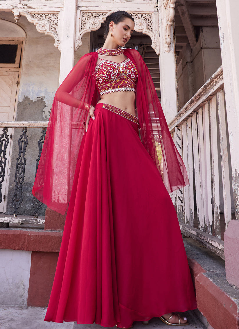 Raspberry Pink Hand Embellished Georgette Designer Lehenga Choli