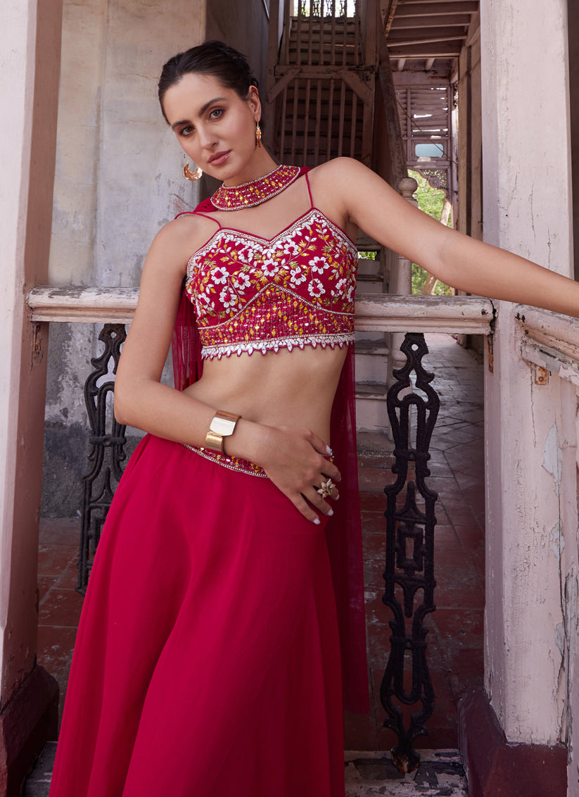 Raspberry Pink Hand Embellished Georgette Designer Lehenga Choli