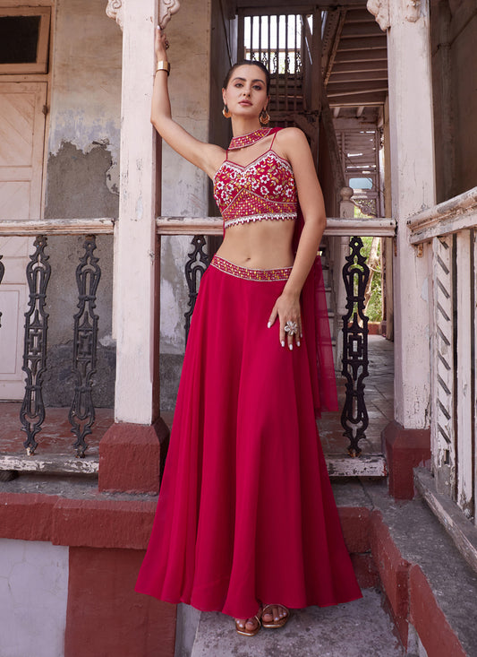 Raspberry Pink Hand Embellished Georgette Designer Lehenga Choli