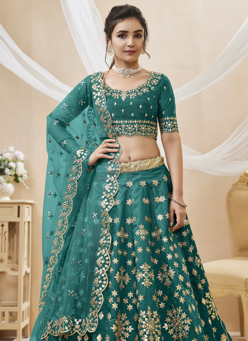 Teal Green Art Silk Embroidered Lehenga Choli