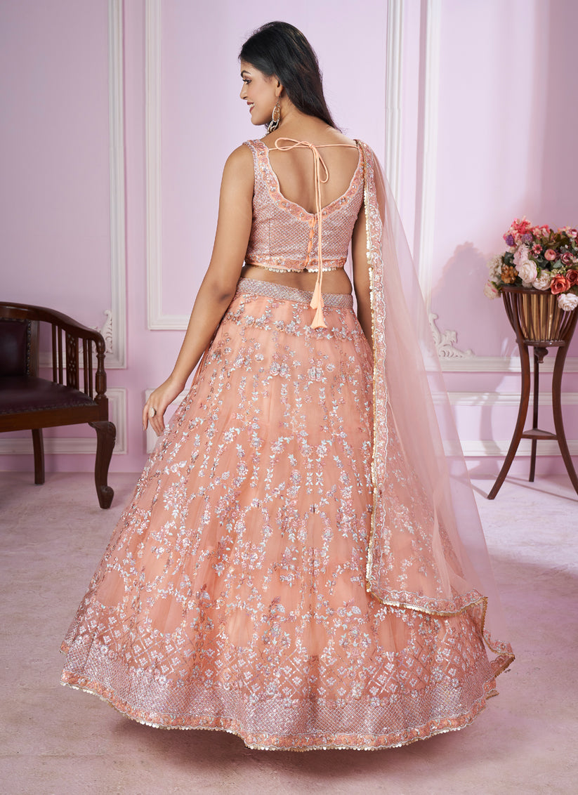 Peach Net Sequins Embroidered Wedding Lehenga Choli